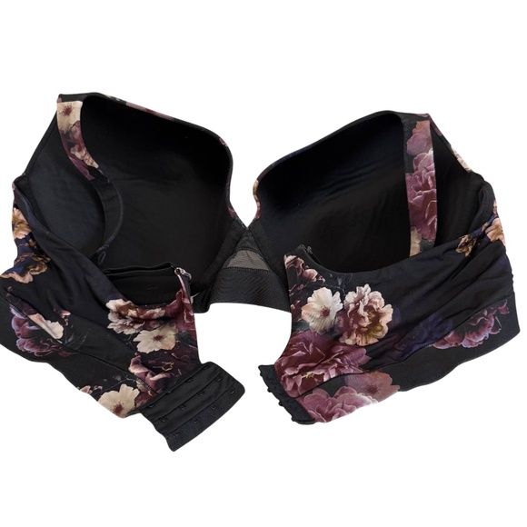 Cacique Black Purple Floral Lightly Lined Plunge Bra Women's Size 46DD - Picture 9 of 15